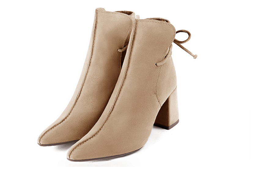 Tan beige women's ankle boots with laces at the back. Tapered toe. High flare heels. Front view - Florence KOOIJMAN